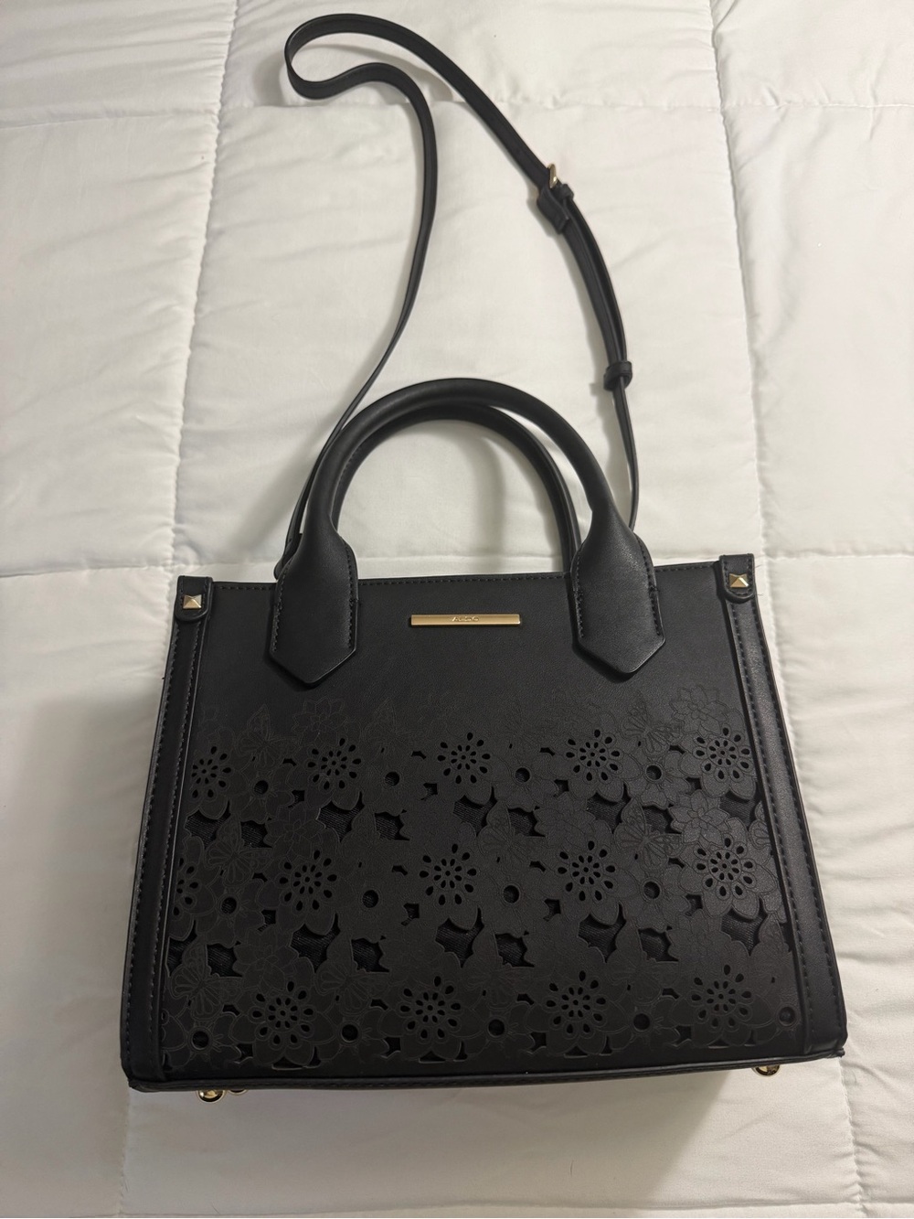 Aldo Black Laser-Cut Mini Top Handle Bag